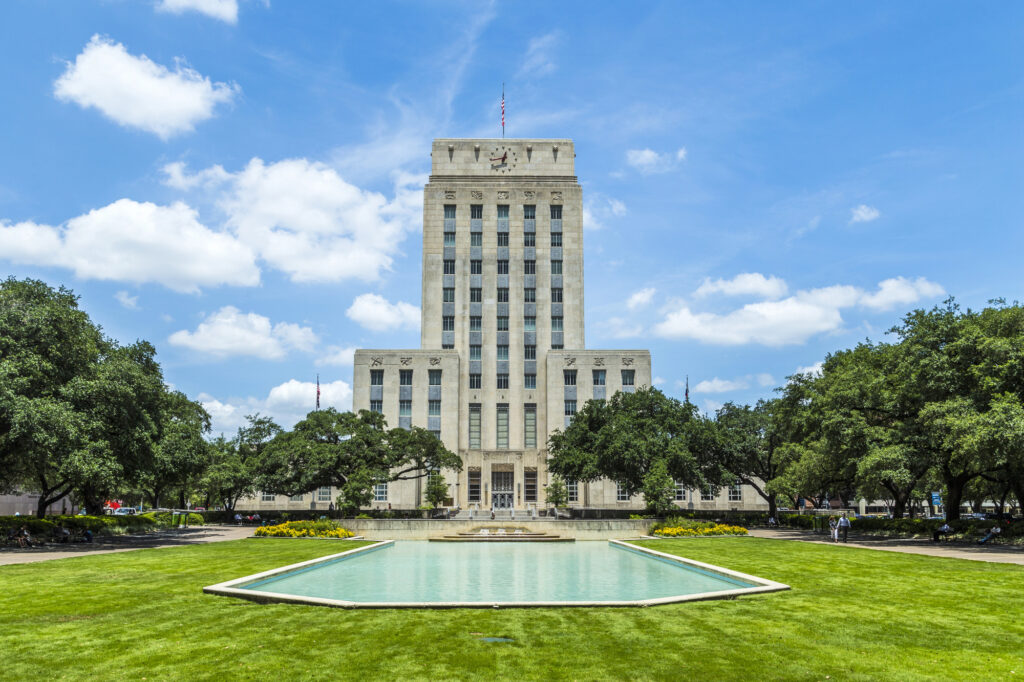 Houston City Hall is an iconic landmark in the center of Houston Texas