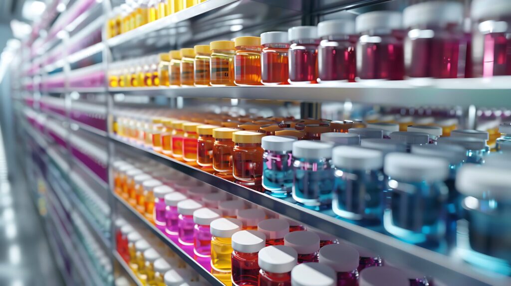 USP 800 hazardous drug list: shown are shelves of colorful vials