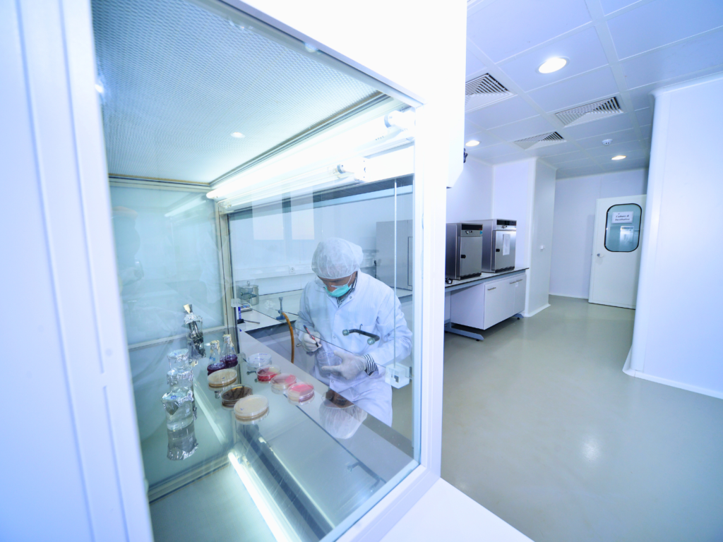 Fume hood service environment with a lab professional working with cultures