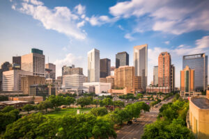 Texas Medical Center: Houston skyline with green parks and skyscrapers